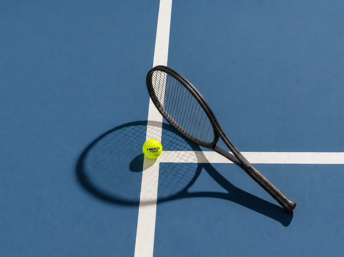 Musta tennismaila ja HEAD-pallo sinisellä kovapintaisella kentällä